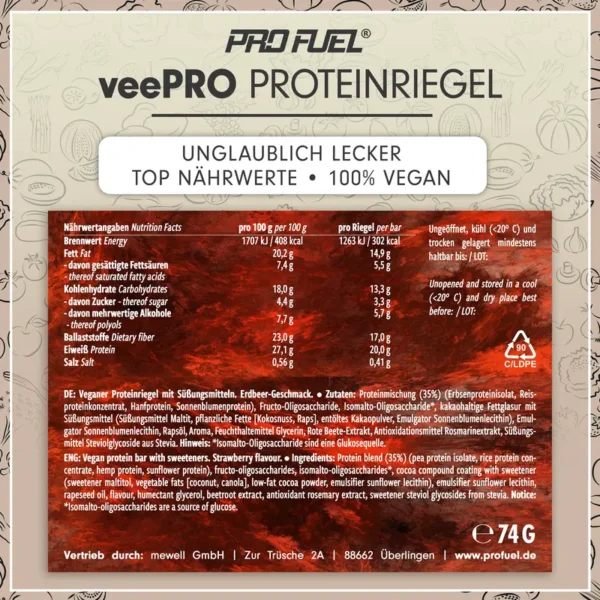 veePRO - vegane Proteinriegel 12x74g - unglaublich lecker - veePRO Proteinriegel 20g Eiweiß, 27% Ballaststoffe - High Protein, High Fiber, Low Carb Eiweißriegel - vegan & glutenfrei - Image 5